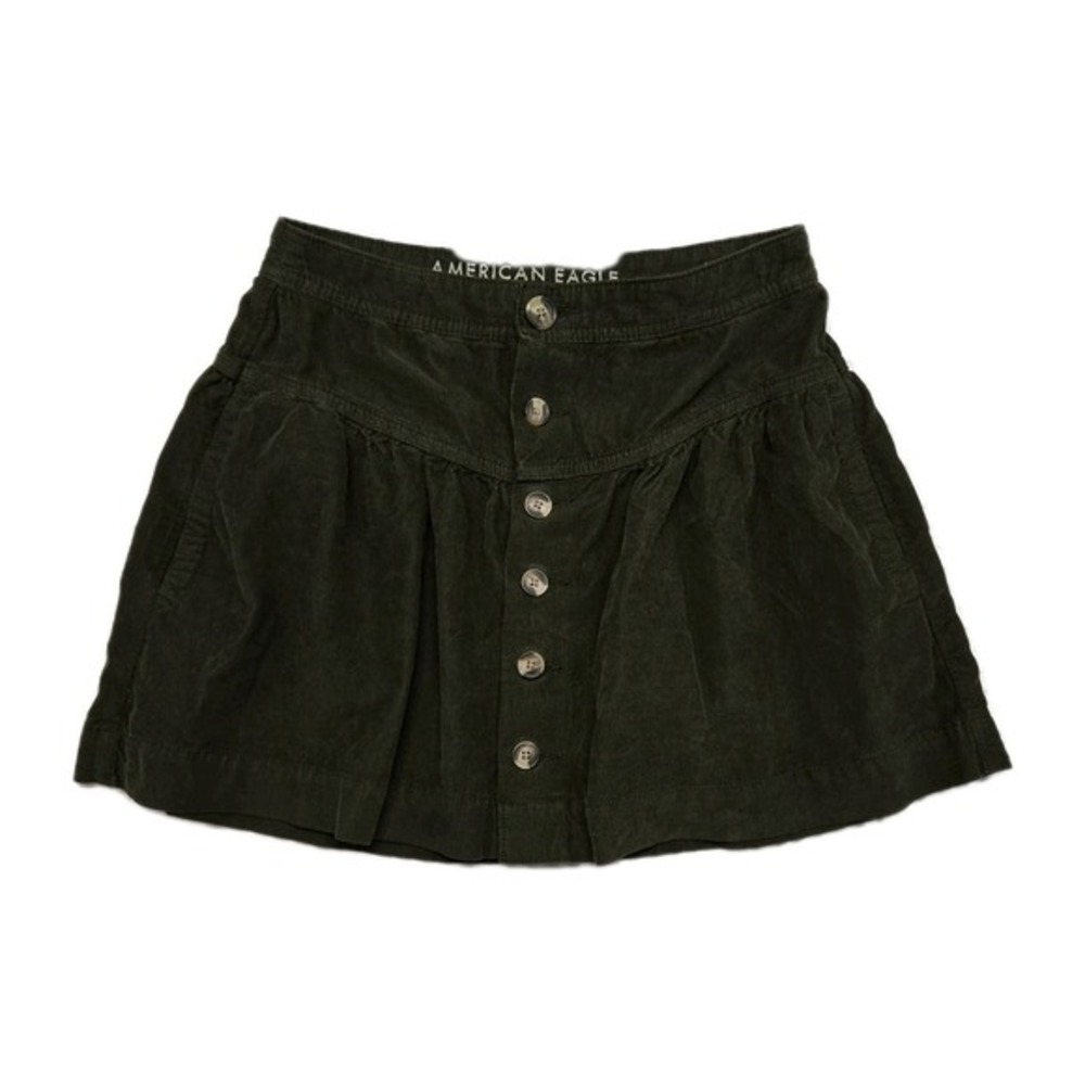 American Eagle High Rise Mini Skirt Button Front Corduroy Green Preppy Boho Chic